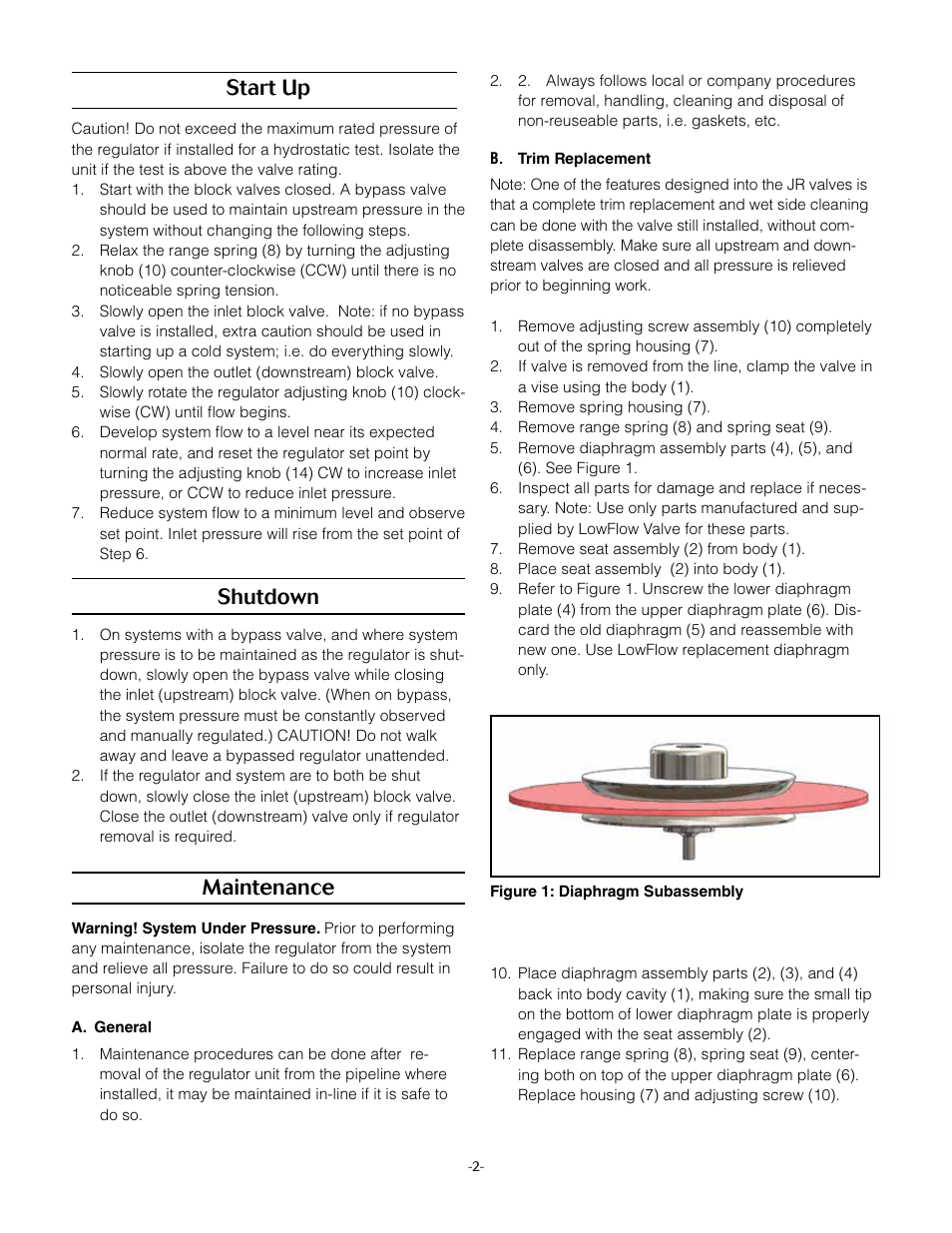 Start up, Shutdown, Maintenance | LowFlow JB Series Back Pressure Regulators User Manual | Page 2 / 4