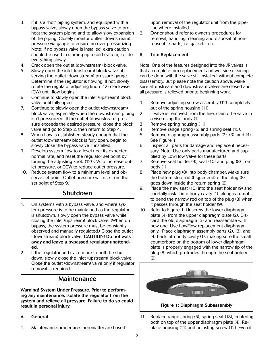 Shutdown, Maintenance | LowFlow JR Series High Pressure Regulators User Manual | Page 2 / 4