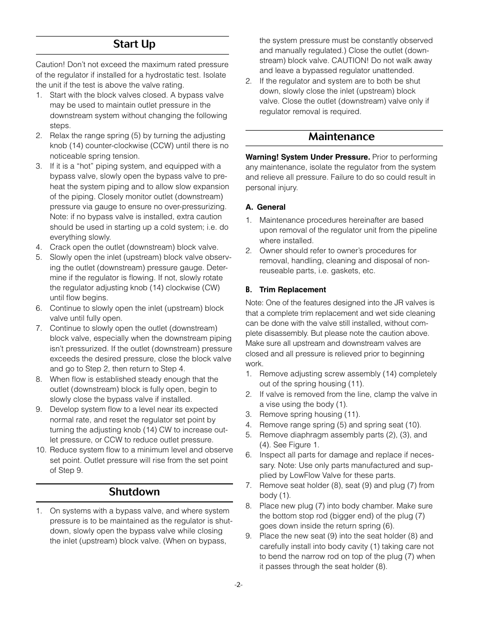 Start up, Shutdown, Maintenance | LowFlow JRH Series High Pressure Regulator User Manual | Page 2 / 4