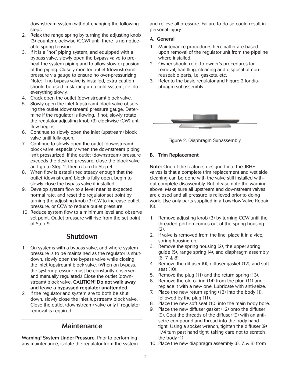 Shutdown, Maintenance | LowFlow JRHF Series Pressure Regulating Valves User Manual | Page 2 / 4