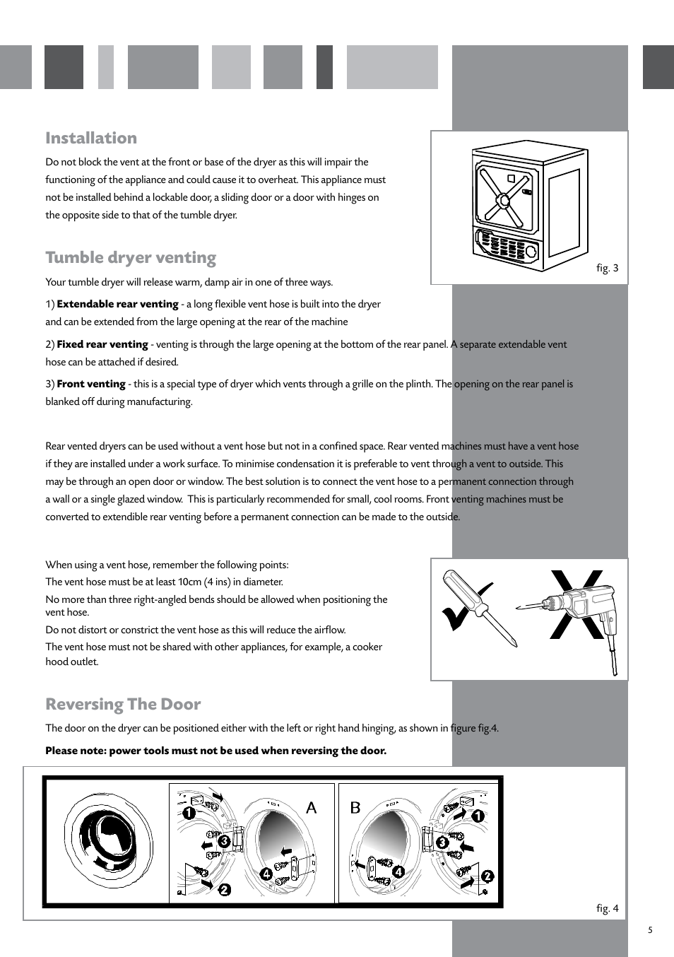 Installation, Tumble dryer venting, Reversing the door | CDA FREESTANDING TUMBLE CI521 User Manual | Page 7 / 11