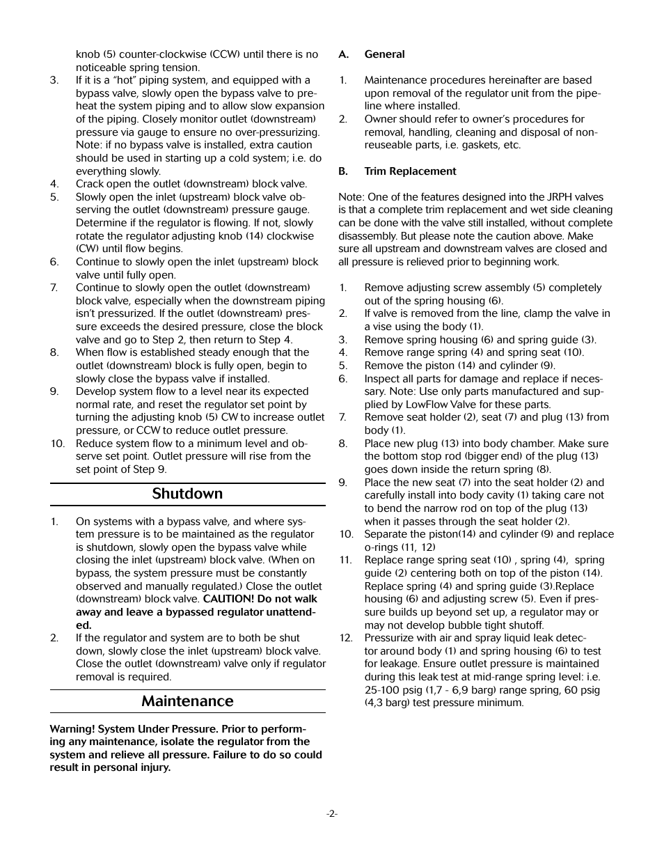 Shutdown, Maintenance | LowFlow JRPH/JRPL Series (1/4) Pressure Regulator User Manual | Page 2 / 4