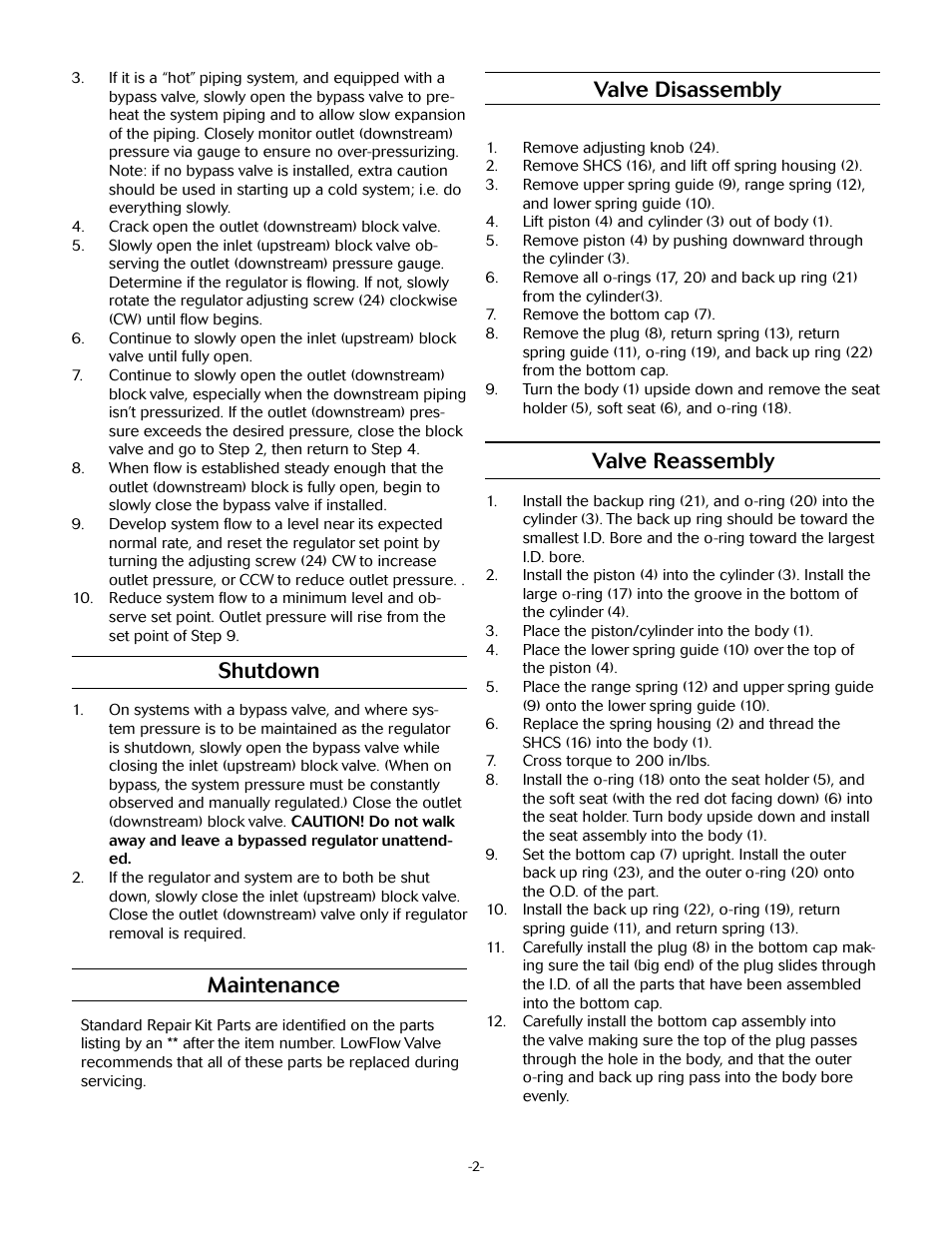 Shutdown, Maintenance, Valve disassembly | Valve reassembly | LowFlow JRPL/JRPH Series Pressure Regulators User Manual | Page 2 / 4