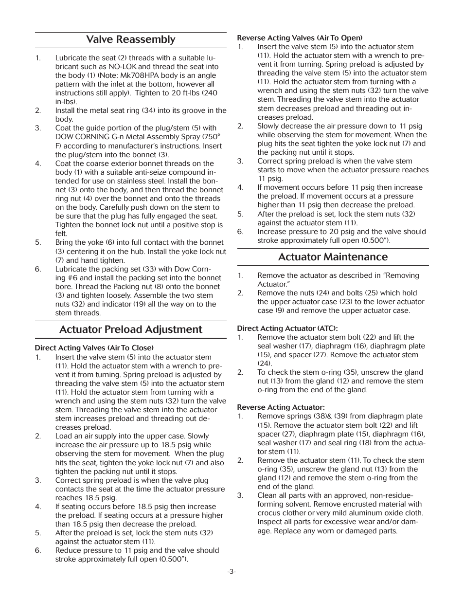 Valve reassembly, Actuator preload adjustment, Actuator maintenance | LowFlow Mark 708HP Series 8000 psi Control Valve User Manual | Page 3 / 5