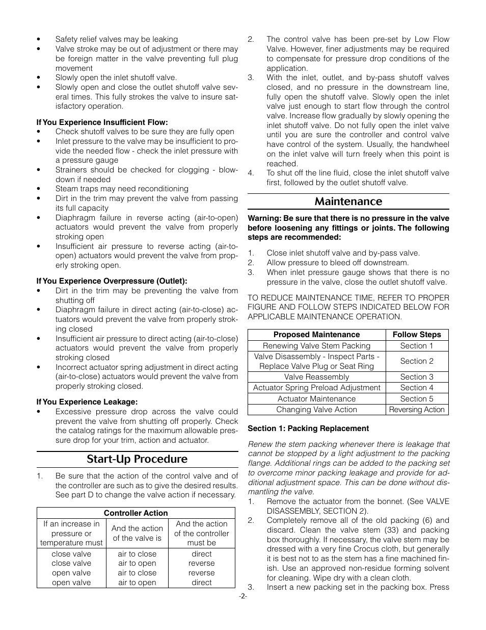 Start-up procedure, Maintenance | LowFlow 8000 Series Control Valve User Manual | Page 2 / 6