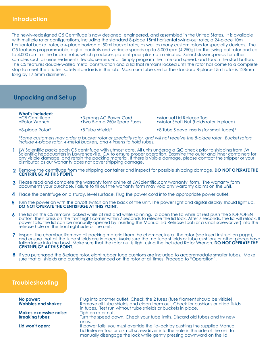 Introduction troubleshooting unpacking and set up | LW Scientific USA C5 User Manual | Page 2 / 4