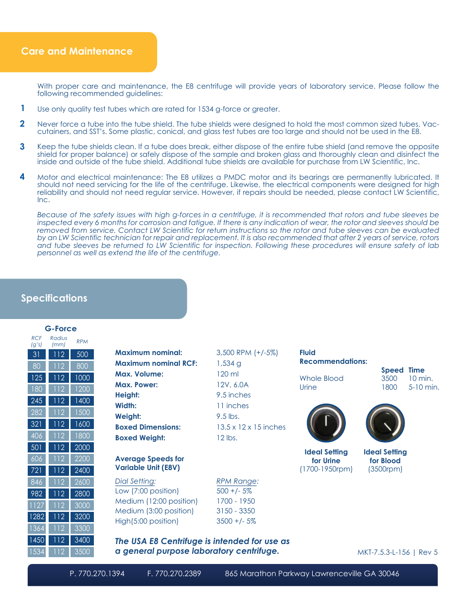 Care and maintenance specifications | LW Scientific USA E8 User Manual | Page 2 / 2