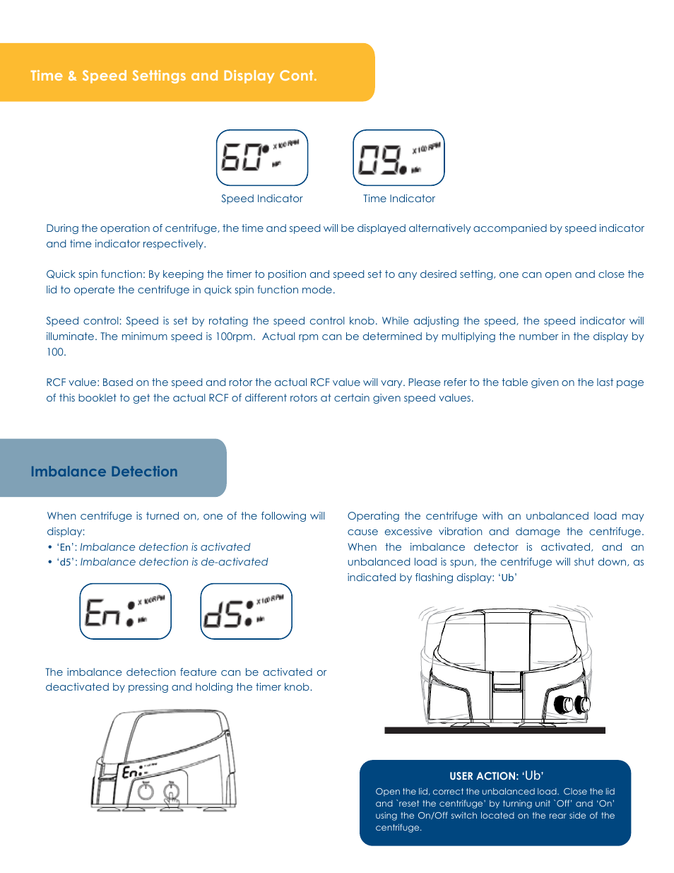 Time & speed settings and display cont, Imbalance detection | LW Scientific Digital ZipSpin User Manual | Page 6 / 8