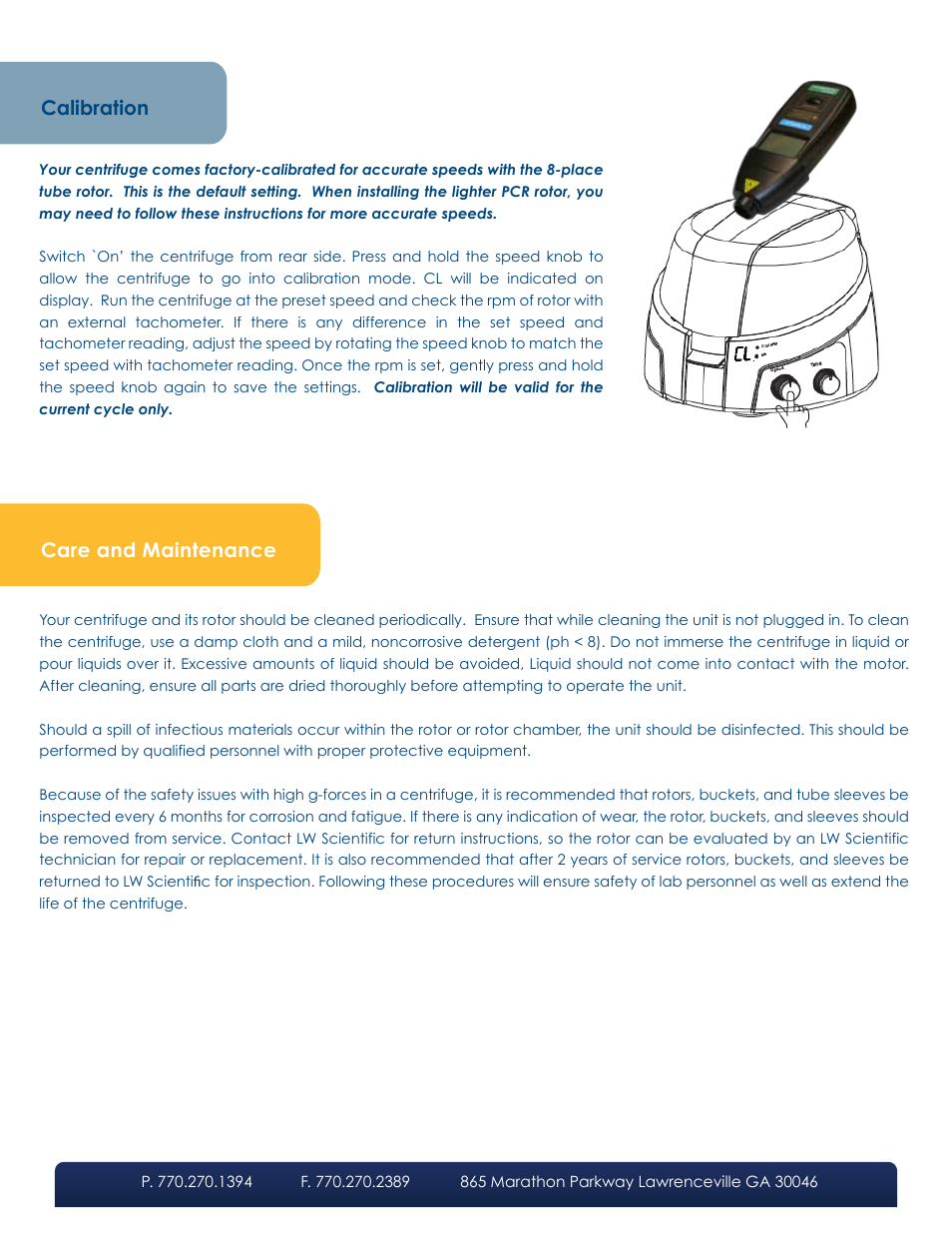 Calibration, Care and maintenance | LW Scientific Digital ZipSpin User Manual | Page 7 / 8