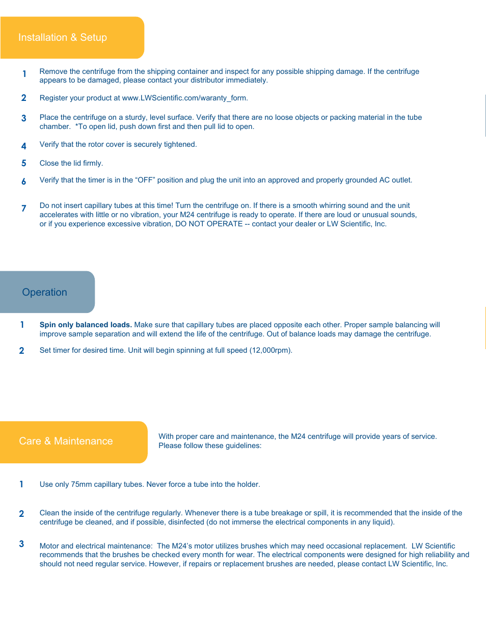 Operation, Care & maintenance installation & setup | LW Scientific M24 User Manual | Page 2 / 4