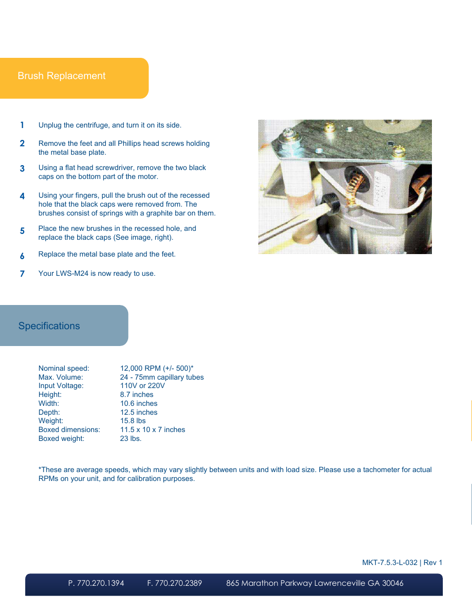 Specifications, Brush replacement | LW Scientific M24 User Manual | Page 4 / 4