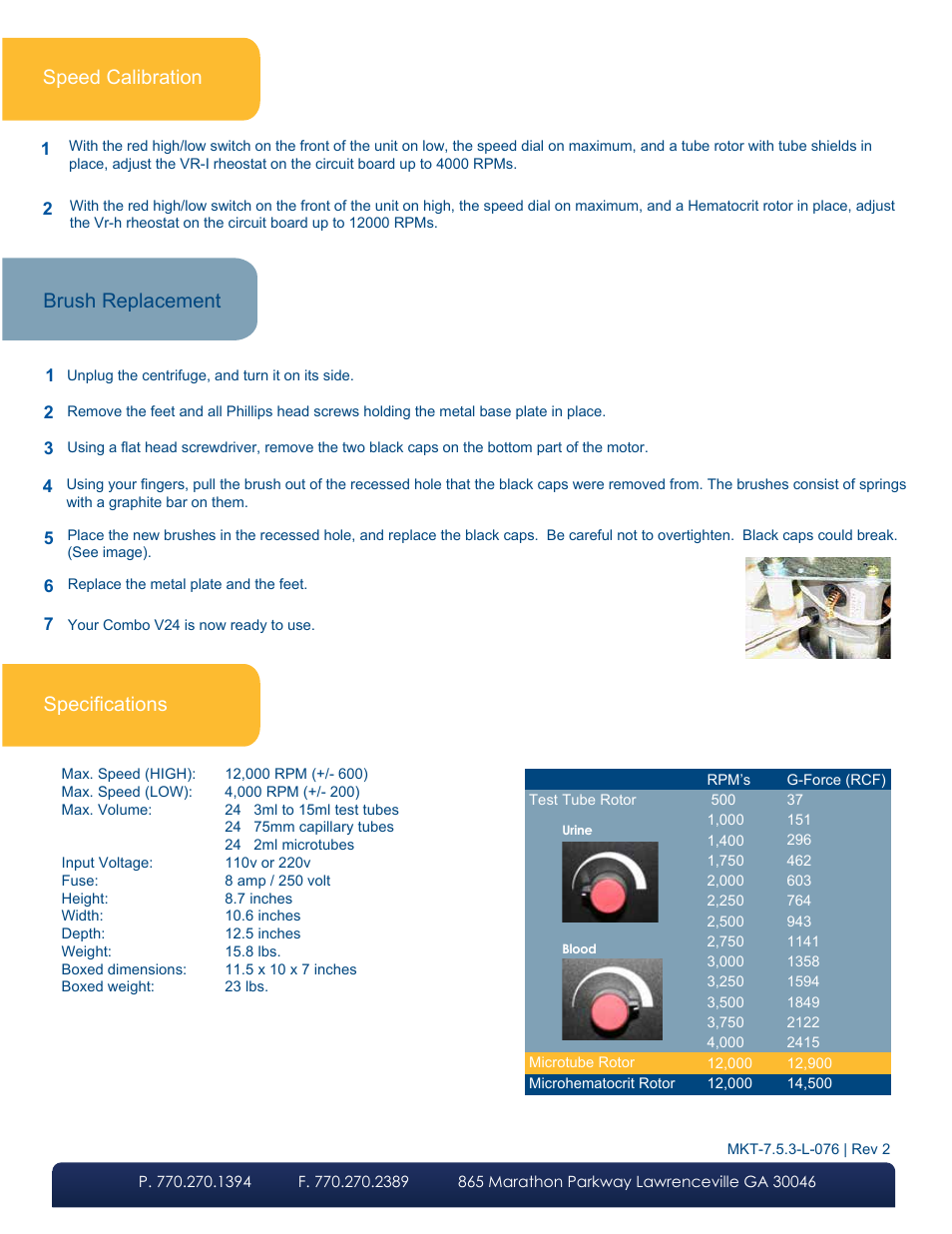 Brush replacement, Speed calibration, Specifications | LW Scientific Combo V24 User Manual | Page 4 / 4