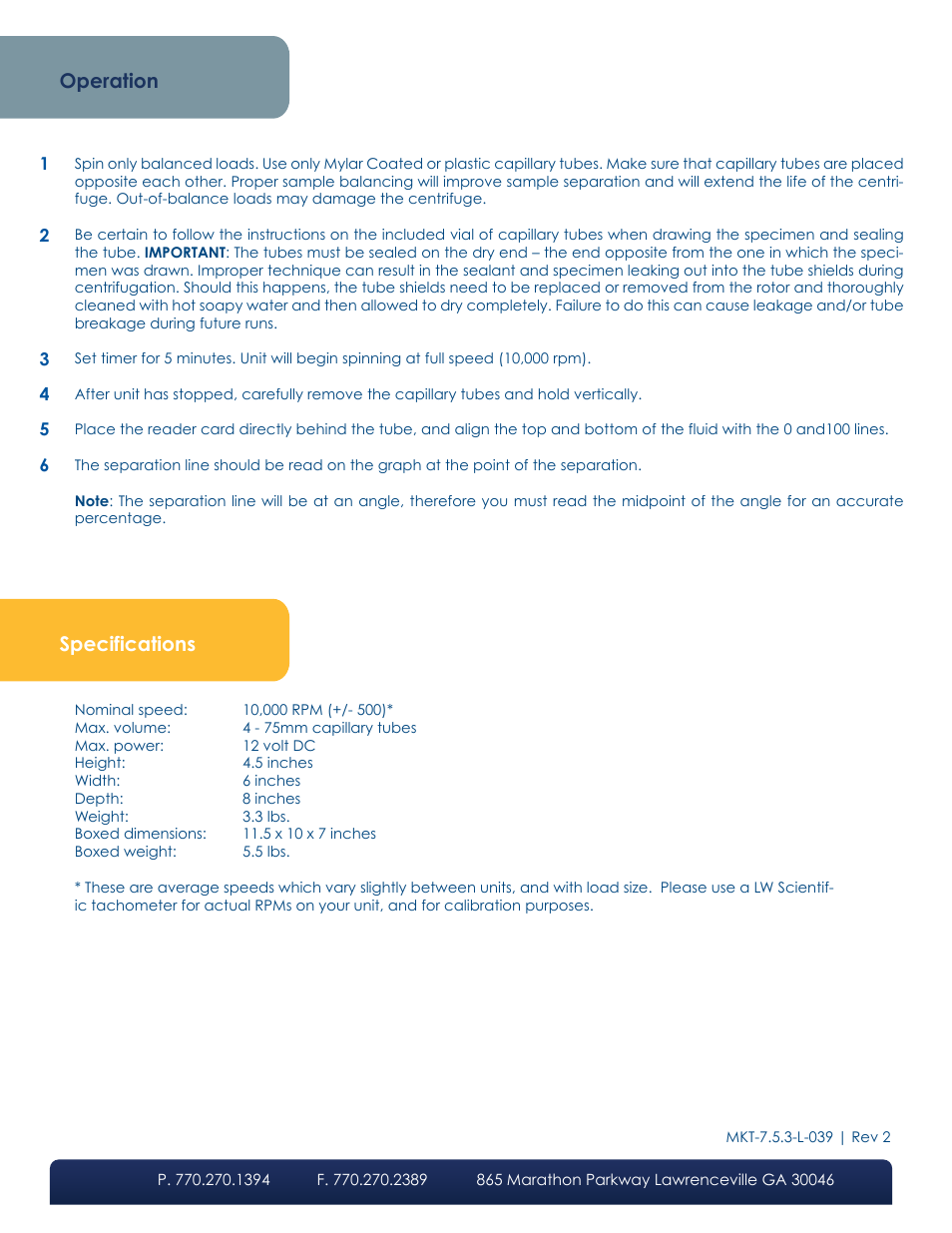 Specifications, Operation | LW Scientific Zipocrit User Manual | Page 2 / 2