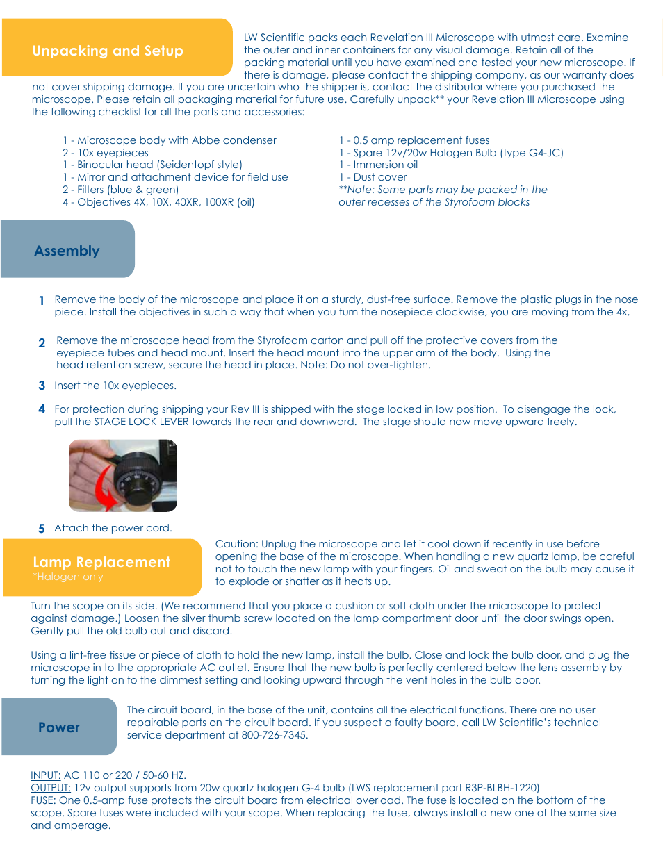 Unpacking and setup lamp replacement assembly, Power | LW Scientific Revelation lll Halogen User Manual | Page 2 / 4