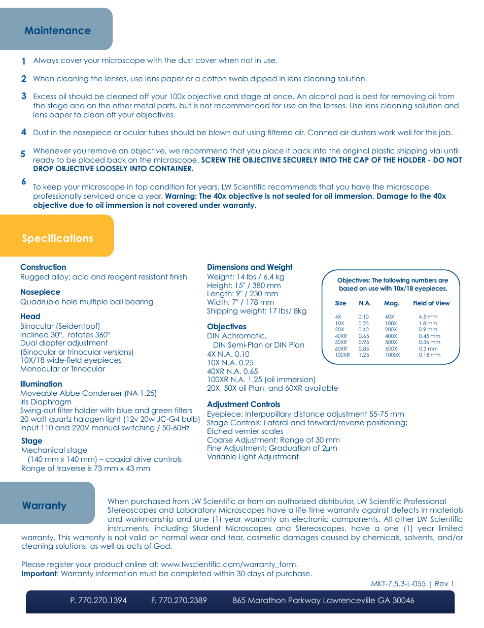 Maintenance warranty specifications | LW Scientific Revelation lll Halogen User Manual | Page 4 / 4