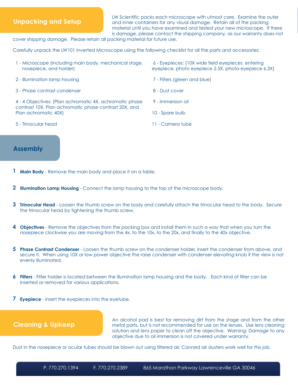 Unpacking and setup cleaning & upkeep assembly | LW Scientific Inverted User Manual | Page 2 / 4