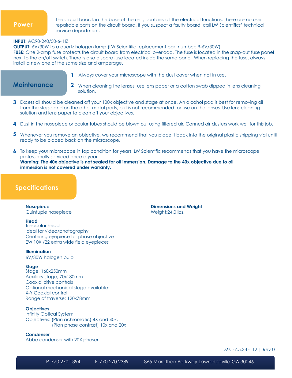 Specifications maintenance, Power | LW Scientific Inverted User Manual | Page 4 / 4