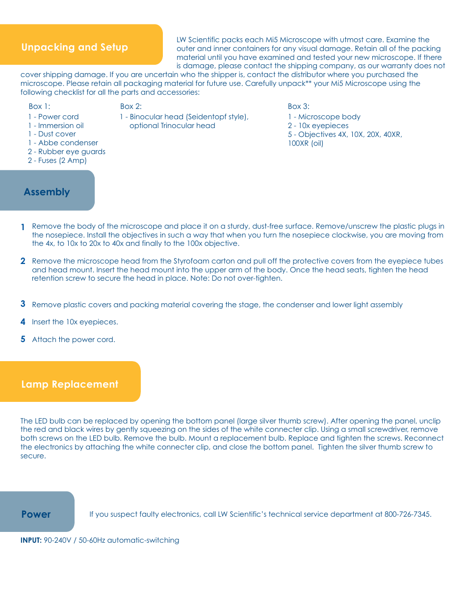 Unpacking and setup lamp replacement assembly, Power | LW Scientific Mi5 User Manual | Page 2 / 4