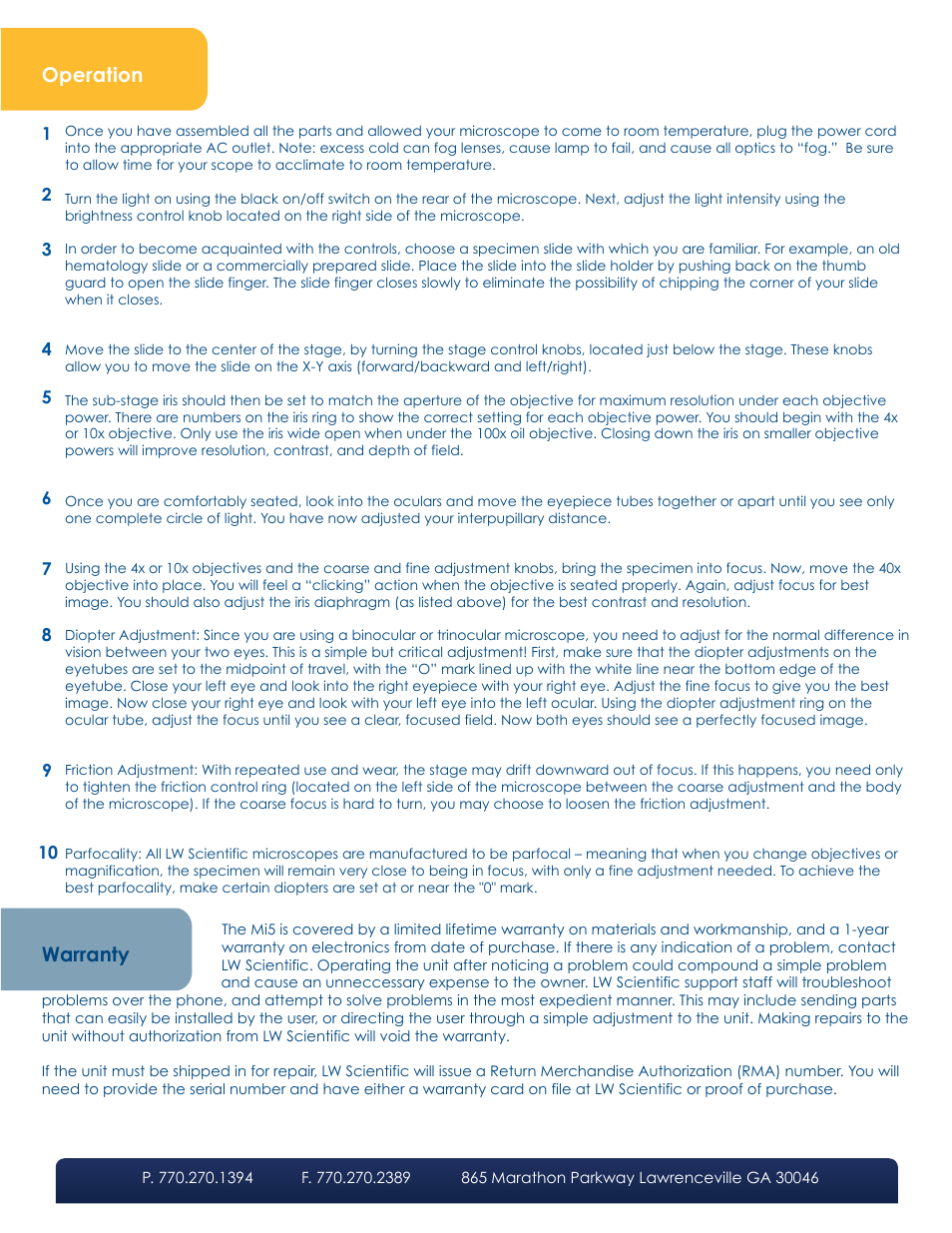 Operation, Warranty | LW Scientific Mi5 User Manual | Page 3 / 4