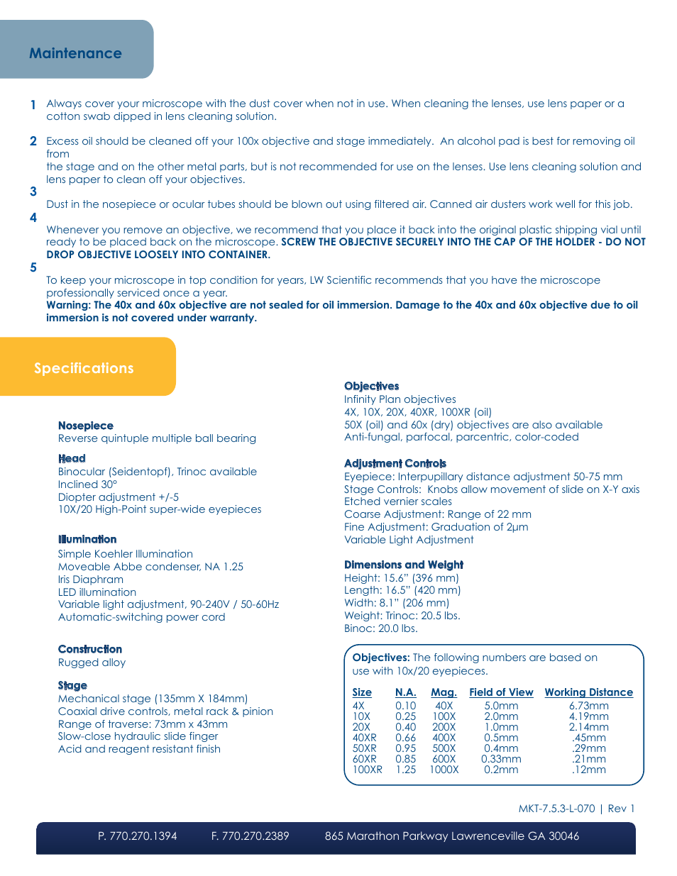 Specifications maintenance | LW Scientific Mi5 User Manual | Page 4 / 4