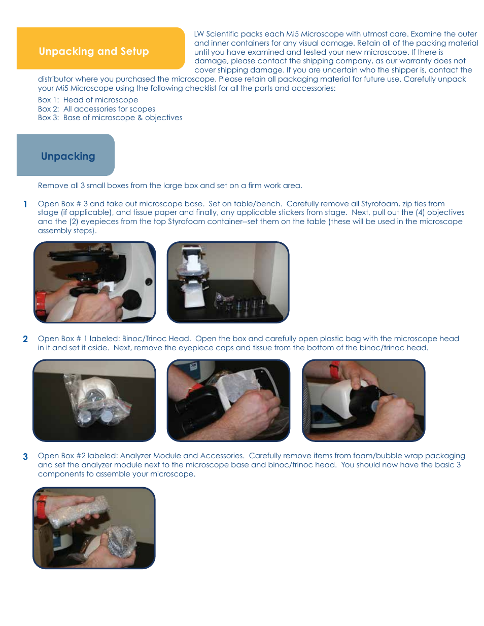 Unpacking and setup unpacking | LW Scientific Mi5 Polarizer User Manual | Page 2 / 6