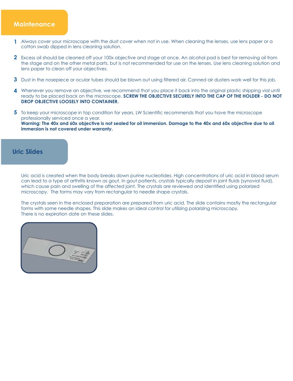 Maintenance, Uric slides | LW Scientific Mi5 Polarizer User Manual | Page 3 / 6