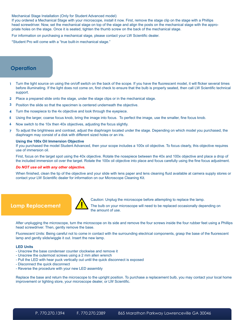 Operation lamp replacement | LW Scientific Student Series User Manual | Page 2 / 2