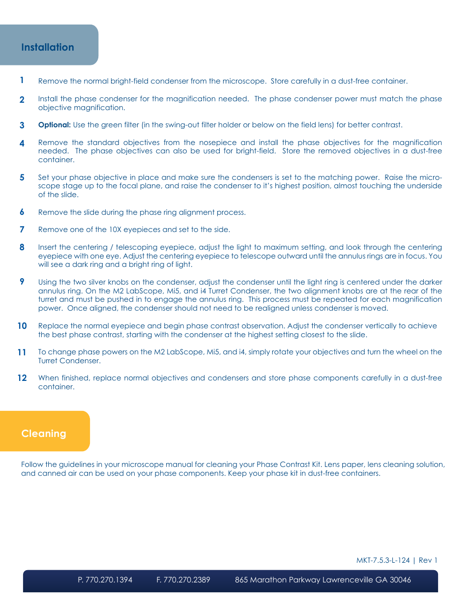 Installation, Cleaning | LW Scientific Phase Contrast User Manual | Page 2 / 2