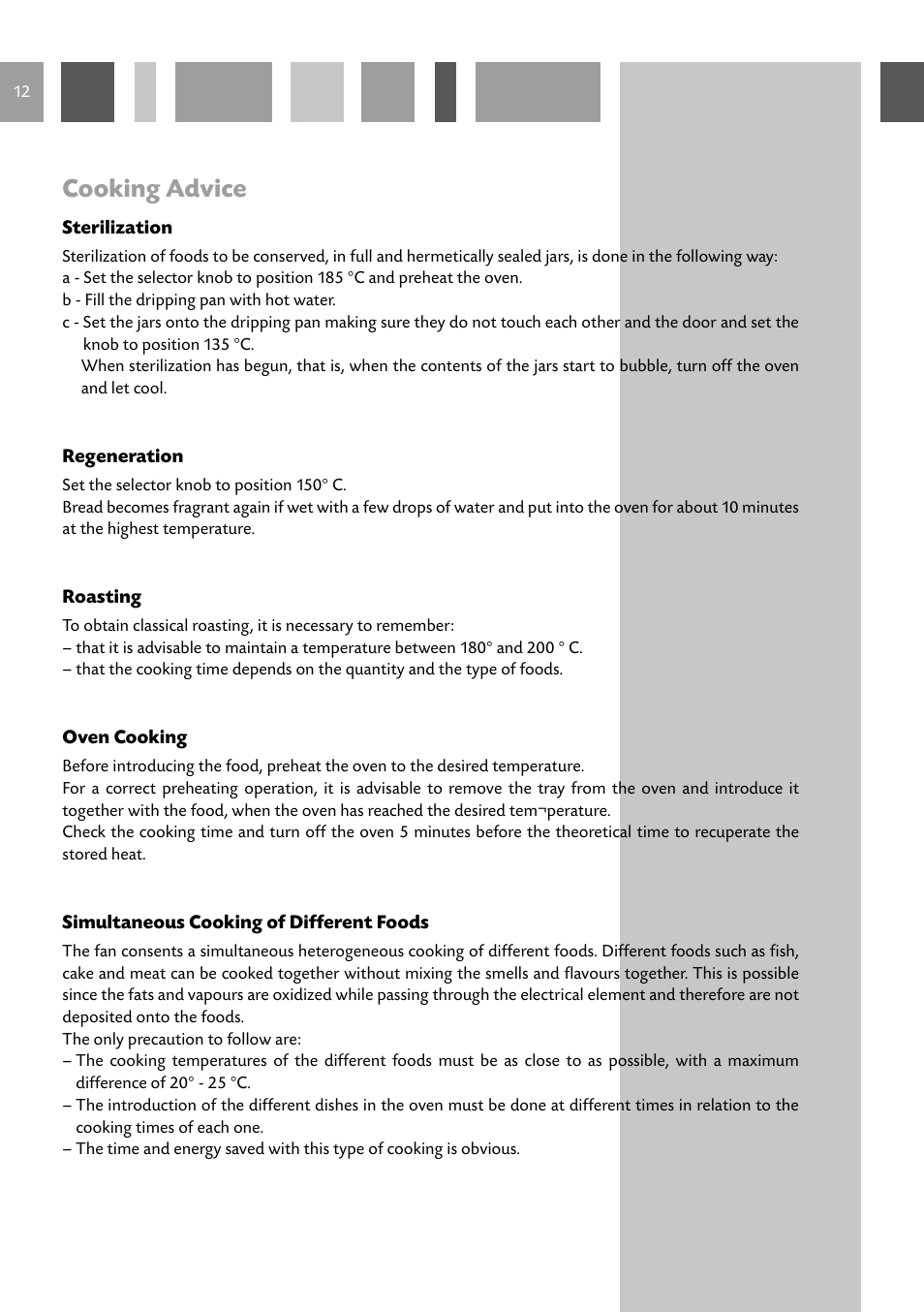 Cooking advice | CDA GB RV 701 SS User Manual | Page 12 / 44