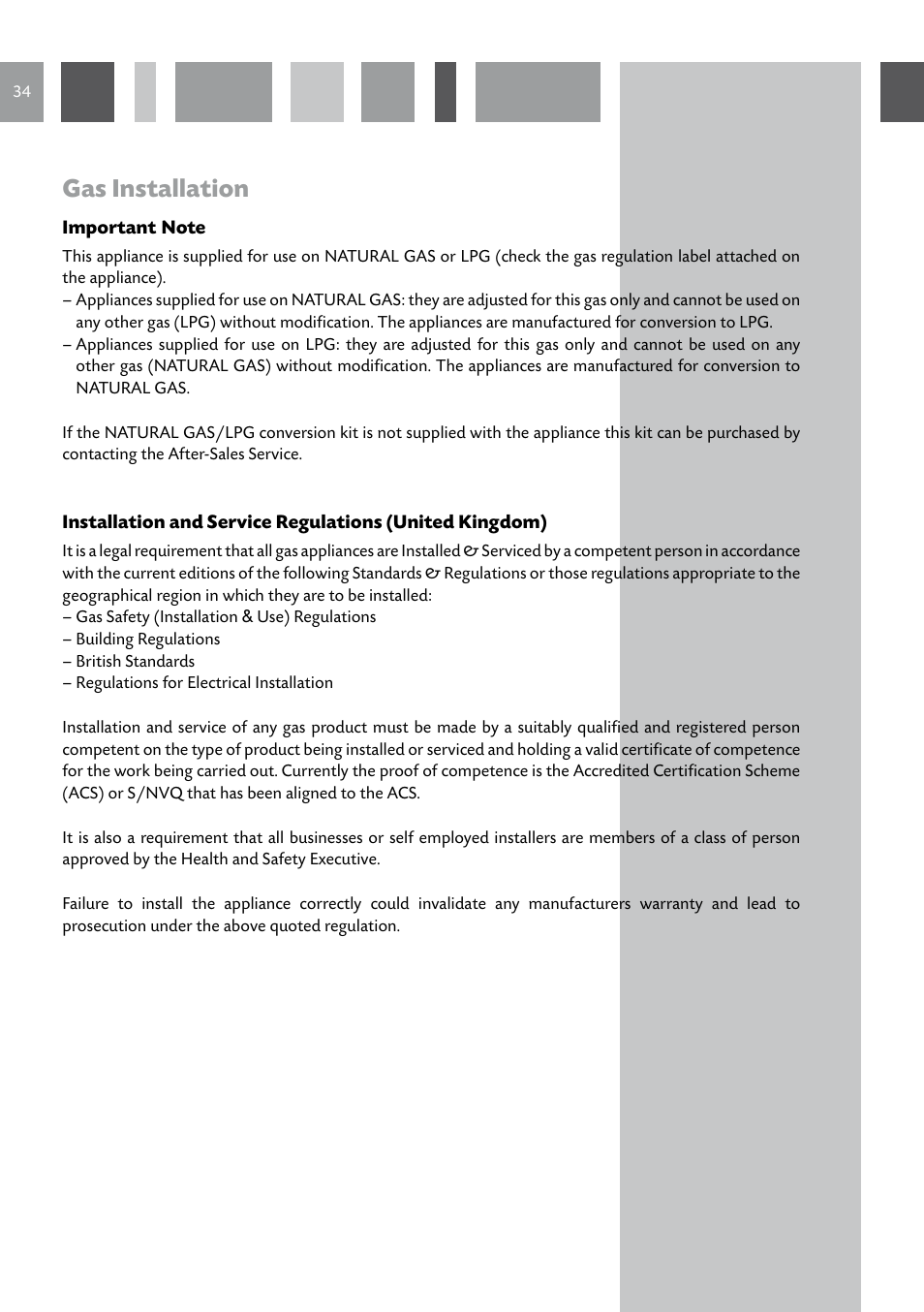 Gas installation | CDA GB RV 701 SS User Manual | Page 34 / 44