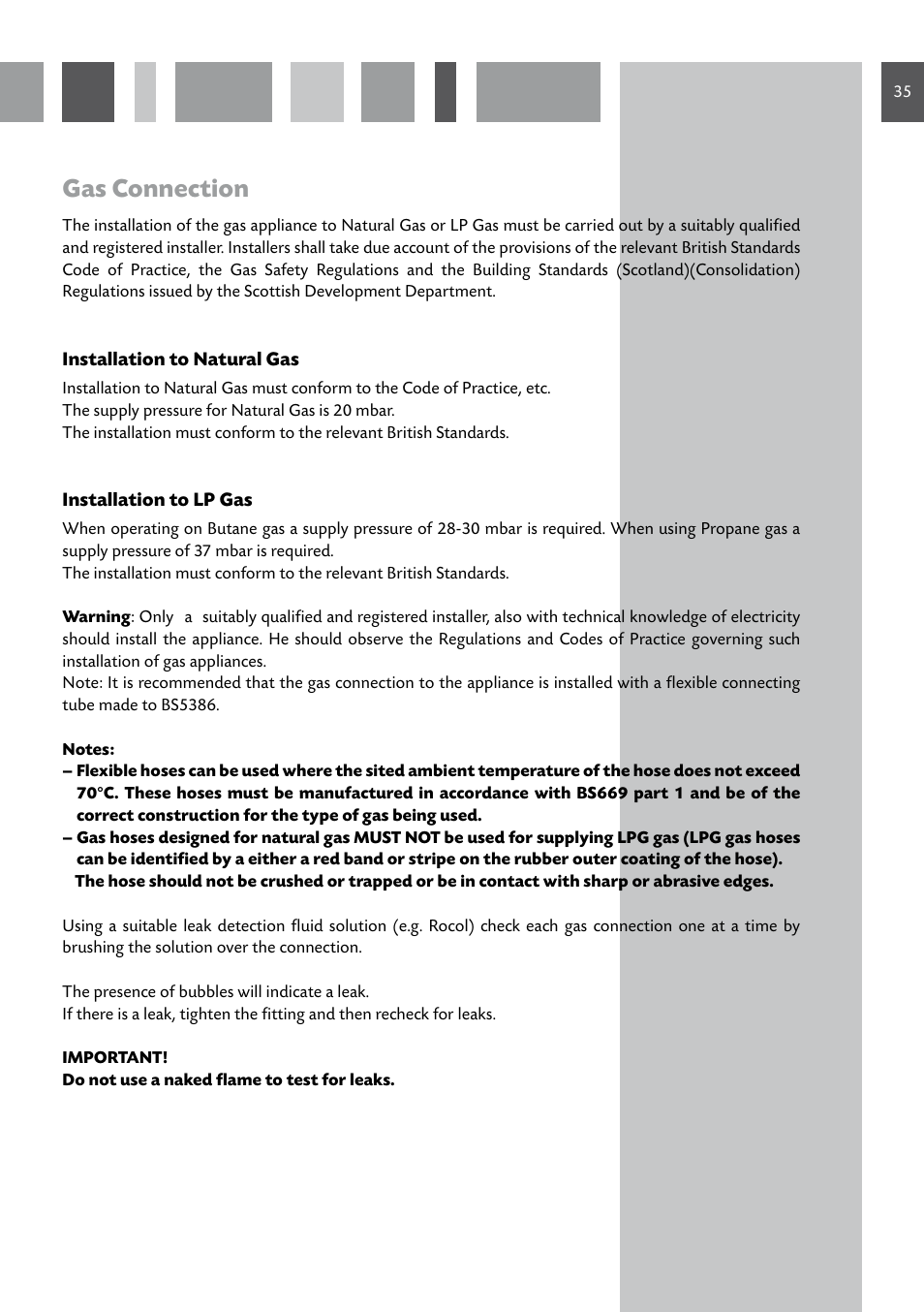 Gas connection | CDA GB RV 701 SS User Manual | Page 35 / 44