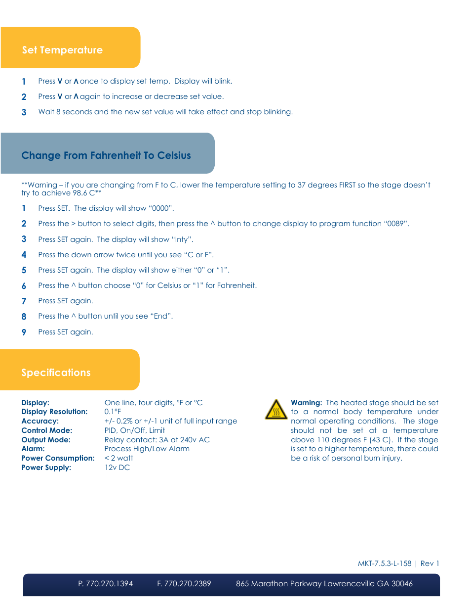 Set temperature, Change from fahrenheit to celsius, Specifications | LW Scientific Heated Stage User Manual | Page 2 / 2