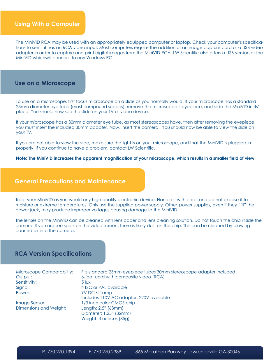 Computer requirements using with a computer, Use on a microscope, General precautions and maintenance | Rca version specifications | LW Scientific MiniVID RCA User Manual | Page 2 / 2