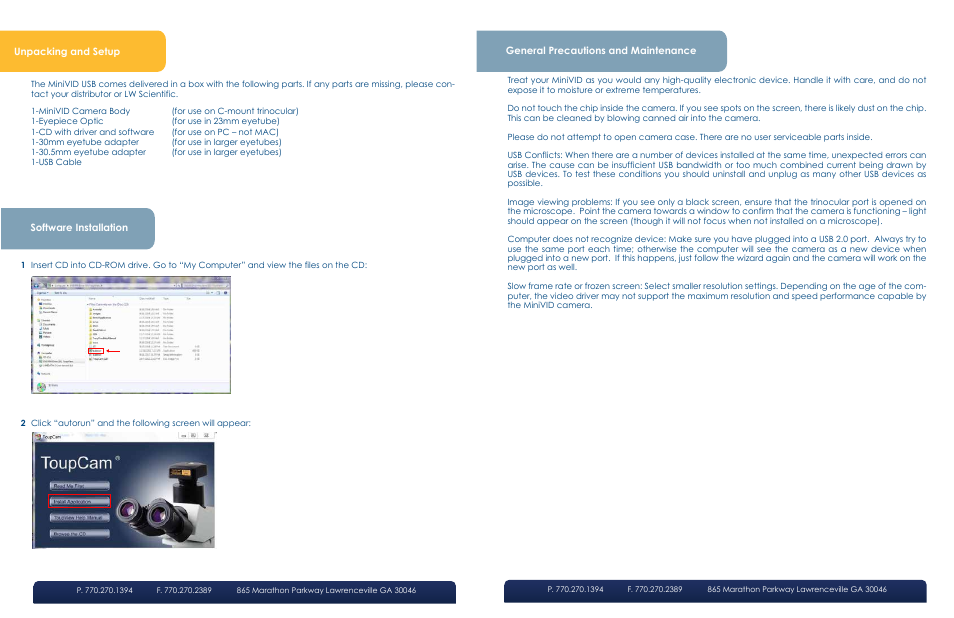 Unpacking and setup, Software installation, General precautions and maintenance | LW Scientific MiniVID USB User Manual | Page 2 / 4