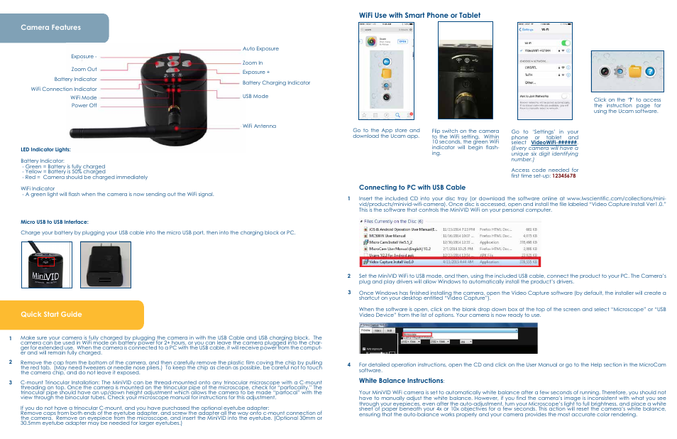 Quick start guide, Camera features, Wifi use with smart phone or tablet | Connecting to pc with usb cable, White balance instructions | LW Scientific MiniVID WiFi User Manual | Page 2 / 2