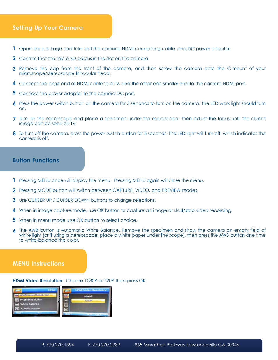 Setting up your camera, Menu instructions, Button functions | LW Scientific BioVID 1080P User Manual | Page 2 / 4