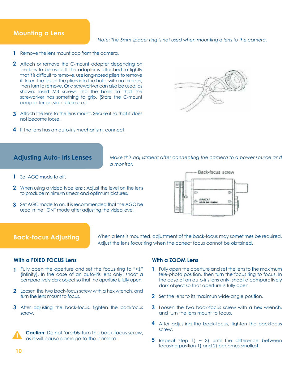 Mounting a lens, Back-focus adjusting, Adjusting auto- iris lenses | LW Scientific BioVID User Manual | Page 10 / 12