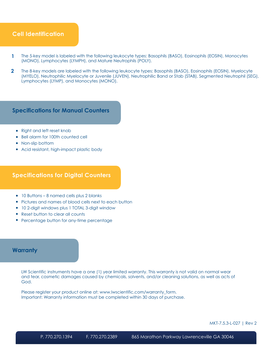 Cell identification, Specifications for manual counters, Specifications for digital counters | Warranty | LW Scientific Differential Counters User Manual | Page 4 / 4