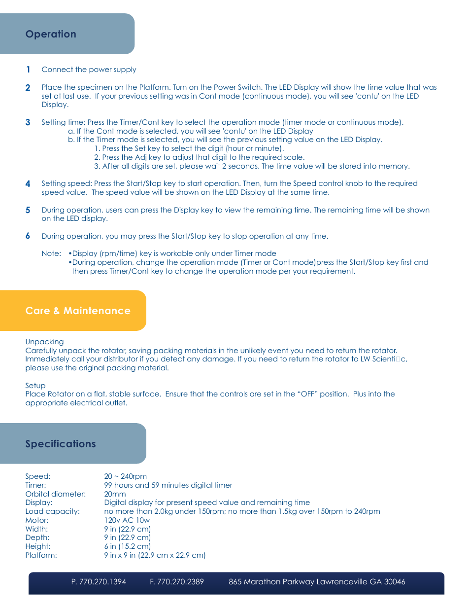 Operation, Care & maintenance, Specifications | LW Scientific Digital Rotator User Manual | Page 2 / 2