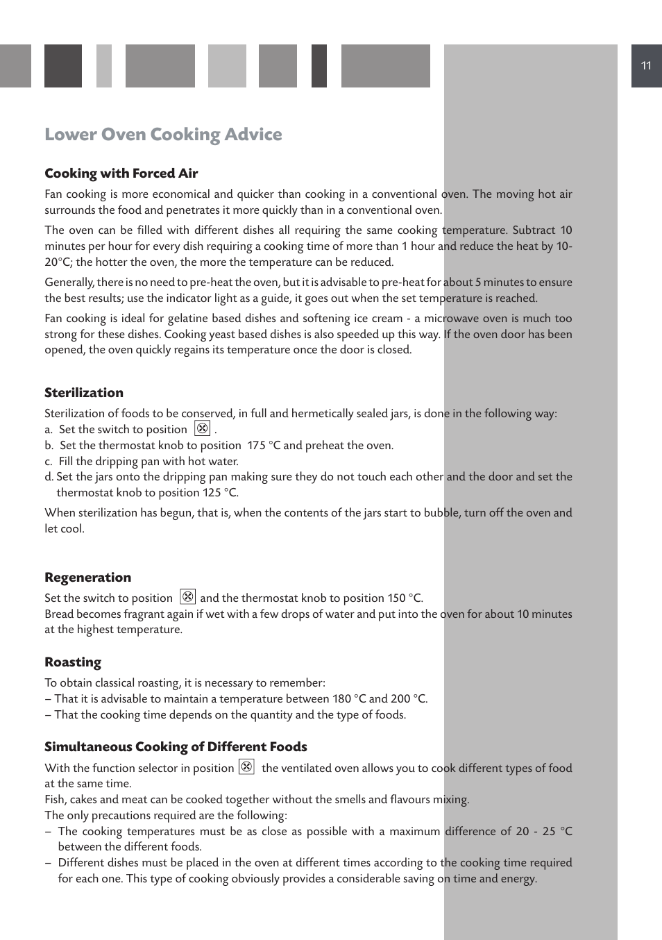 Lower oven cooking advice | CDA DC930 User Manual | Page 11 / 32