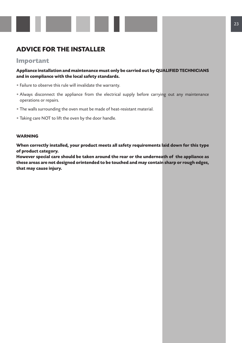 Advice for the installer important | CDA DC930 User Manual | Page 23 / 32