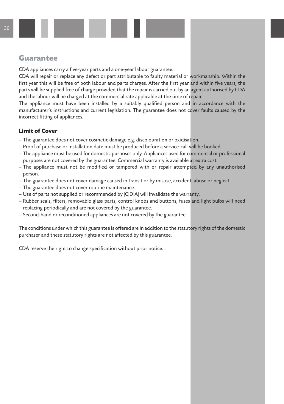 Guarantee | CDA DC930 User Manual | Page 30 / 32