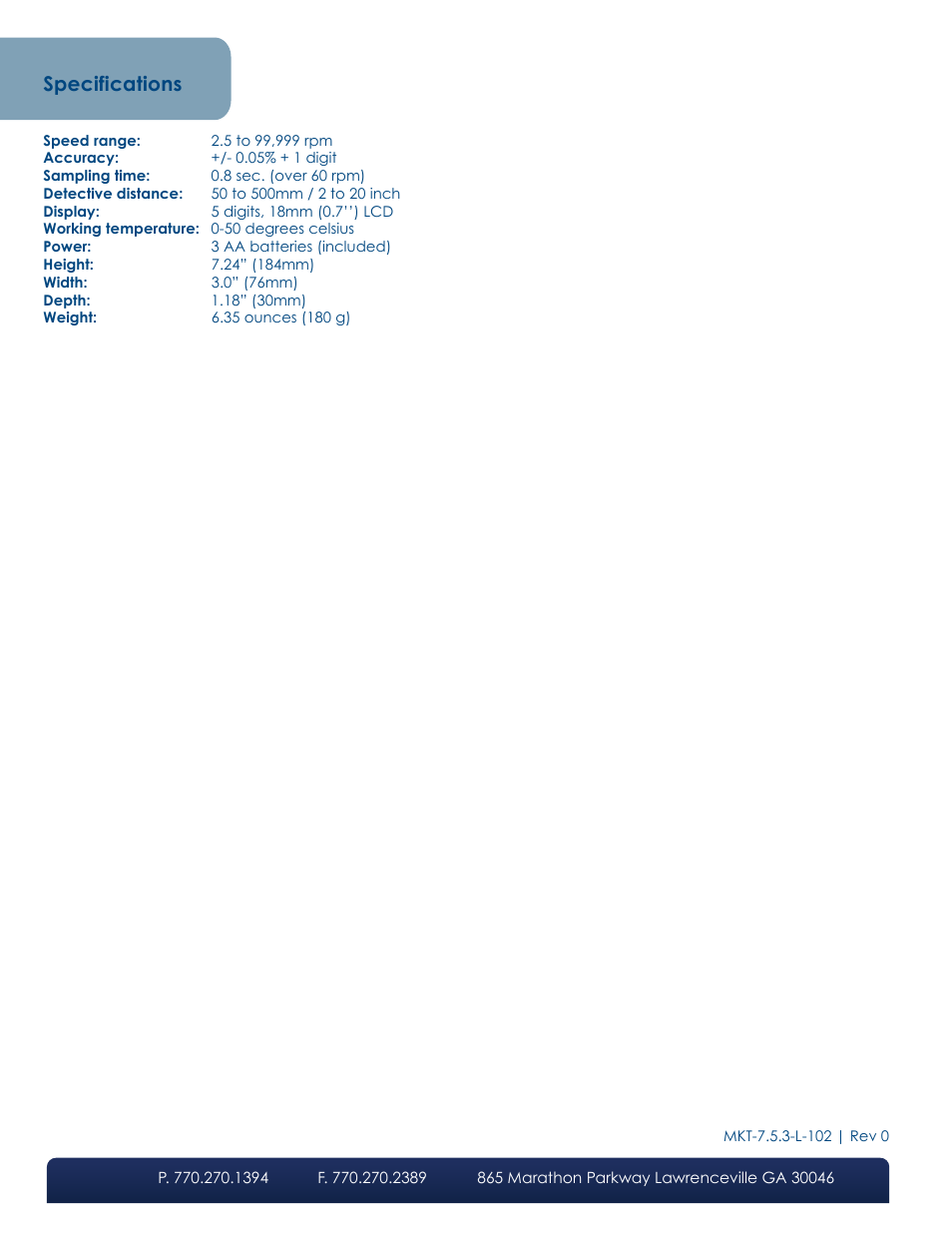 Specifications | LW Scientific Tachometer User Manual | Page 2 / 2