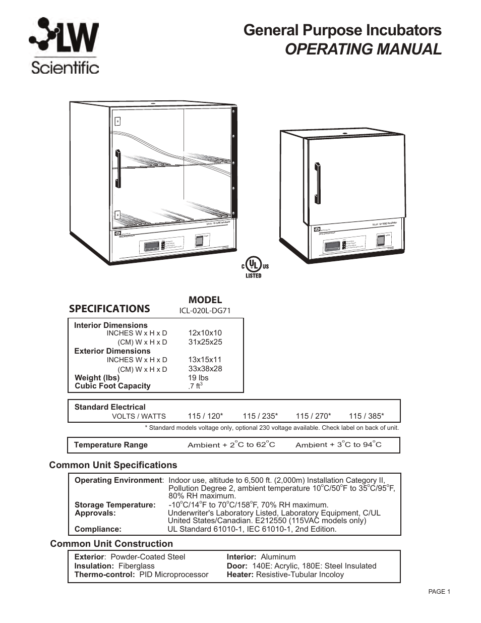 LW Scientific 20L Incubator User Manual | 4 pages