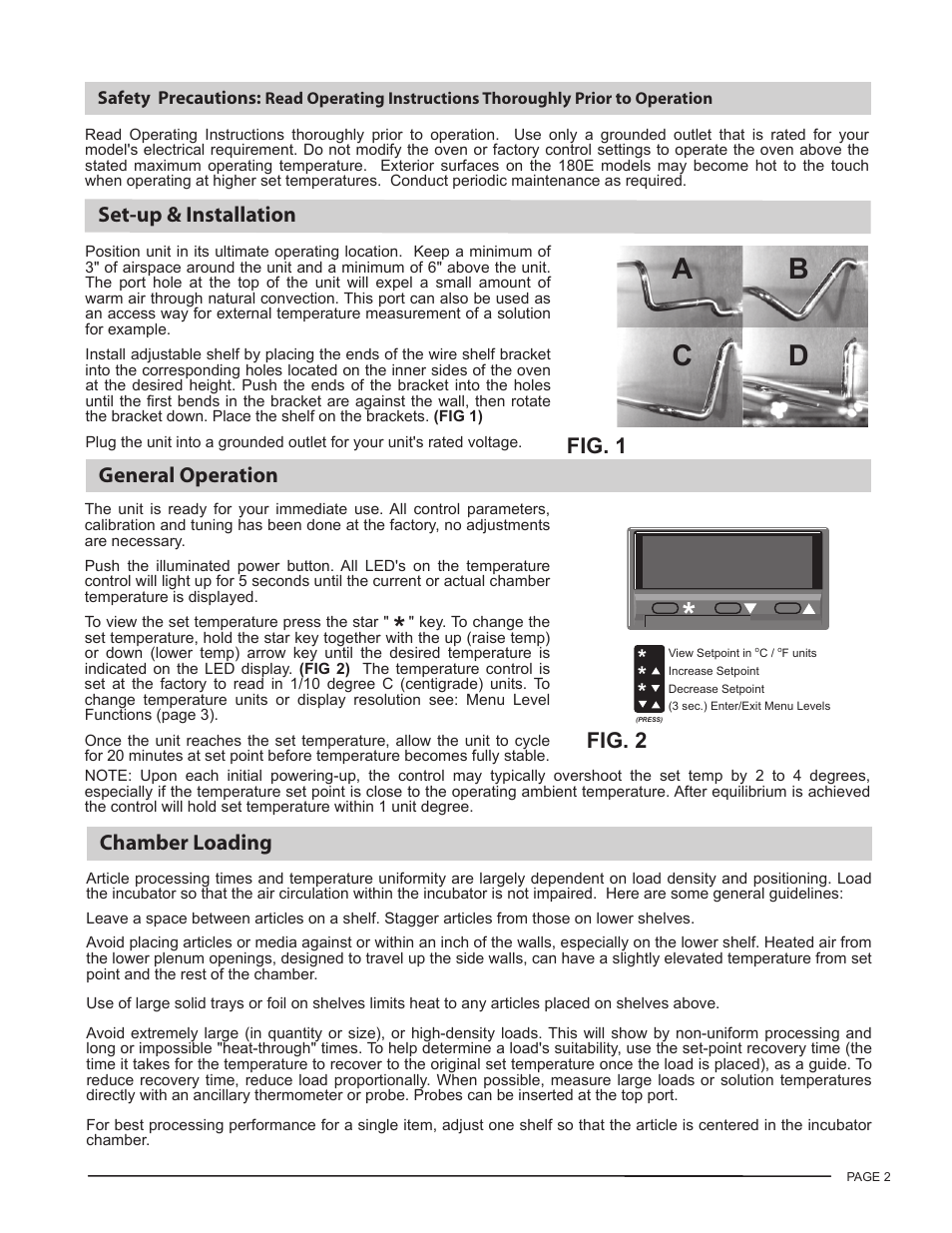 Ab c d, Fig. 1, Fig. 2 set-up & installation | General operation, Chamber loading | LW Scientific 20L Incubator User Manual | Page 2 / 4