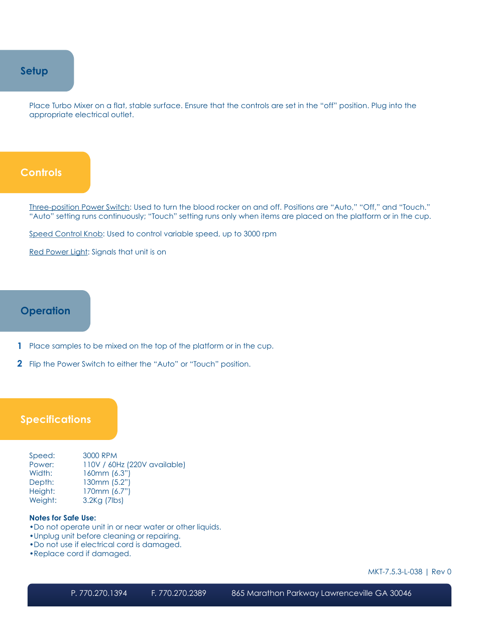 Setup operation controls specifications | LW Scientific Turbo Mixer User Manual | Page 2 / 2