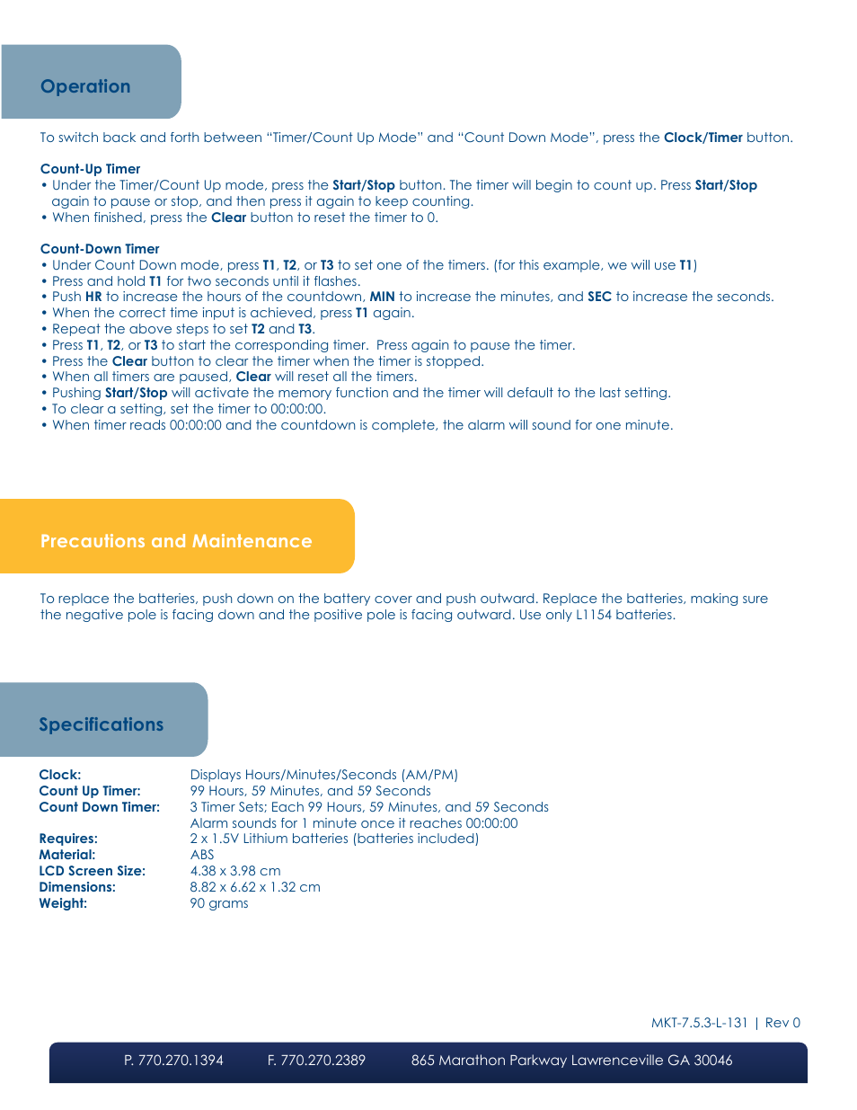 Specifications, Operation, Precautions and maintenance | LW Scientific Digital Timer User Manual | Page 2 / 2