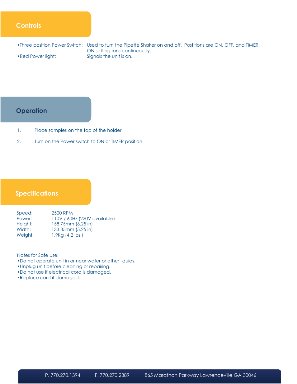 Controls, Operation, Specifications | LW Scientific Pipette Shaker User Manual | Page 2 / 2