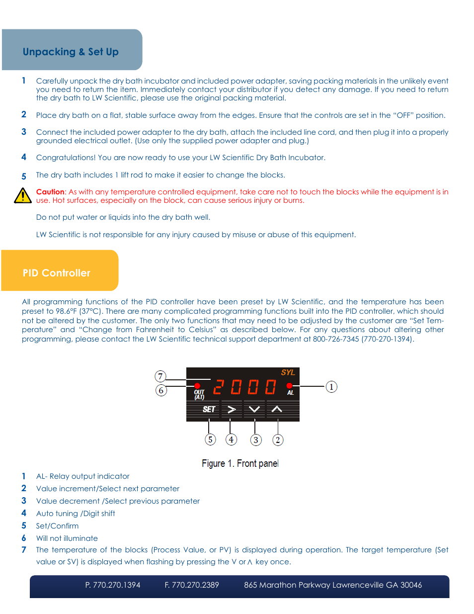 Unpacking & set up, Pid controller | LW Scientific Dry Bath User Manual | Page 2 / 4