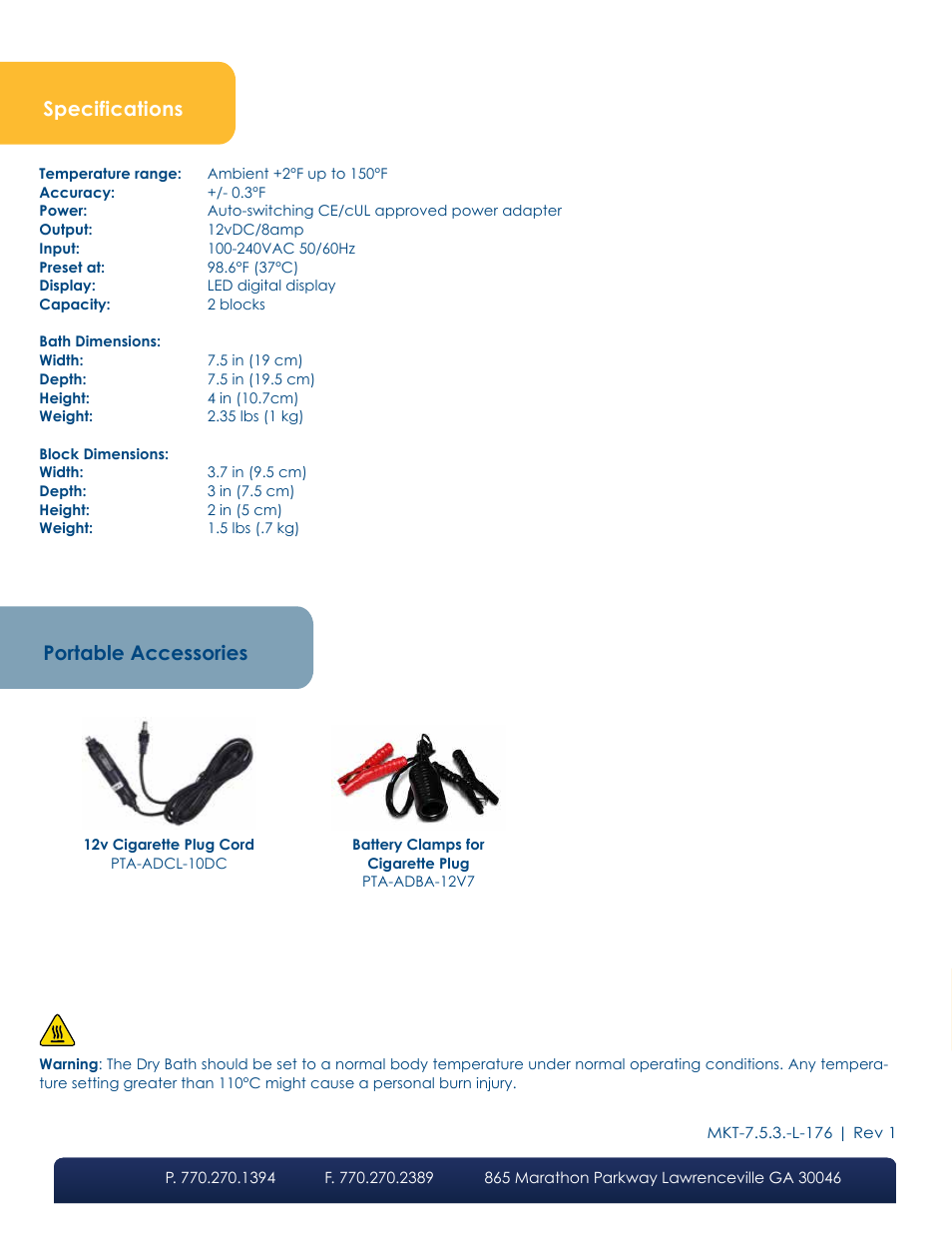 Specifications, Portable accessories | LW Scientific Dry Bath User Manual | Page 4 / 4